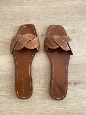 Mango Tan Braided Leather Slide Sandals